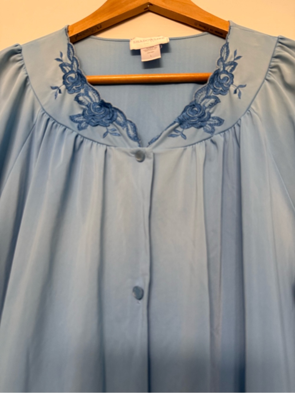 Vintage Shadowline Blue Housecoat L /XL Embroidered Nylon Cottagecore